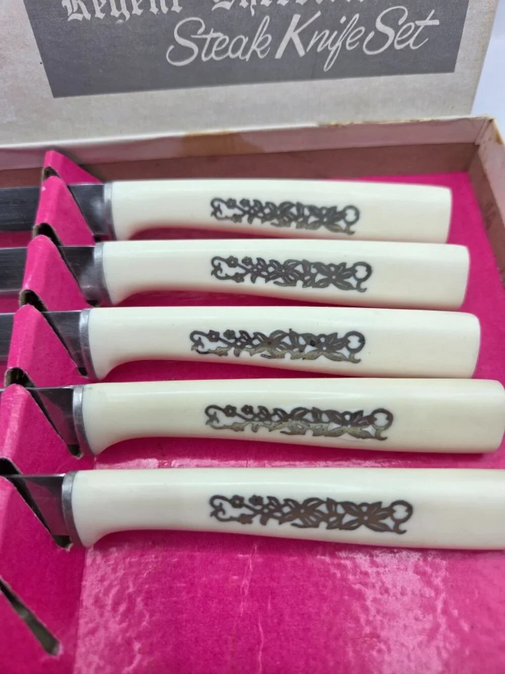 Vtg Regent Sheffield Vintage Steak Knife Set of 5 Ornate Handles In Original Box